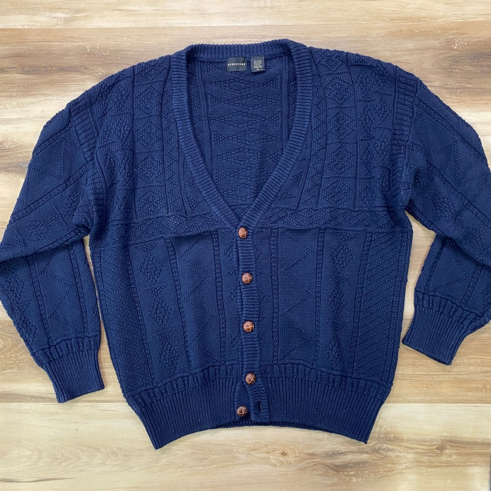 Structure Cardigan Sweater Large Vintage Cable Knit Cotton Ramie Navy Blue 90s